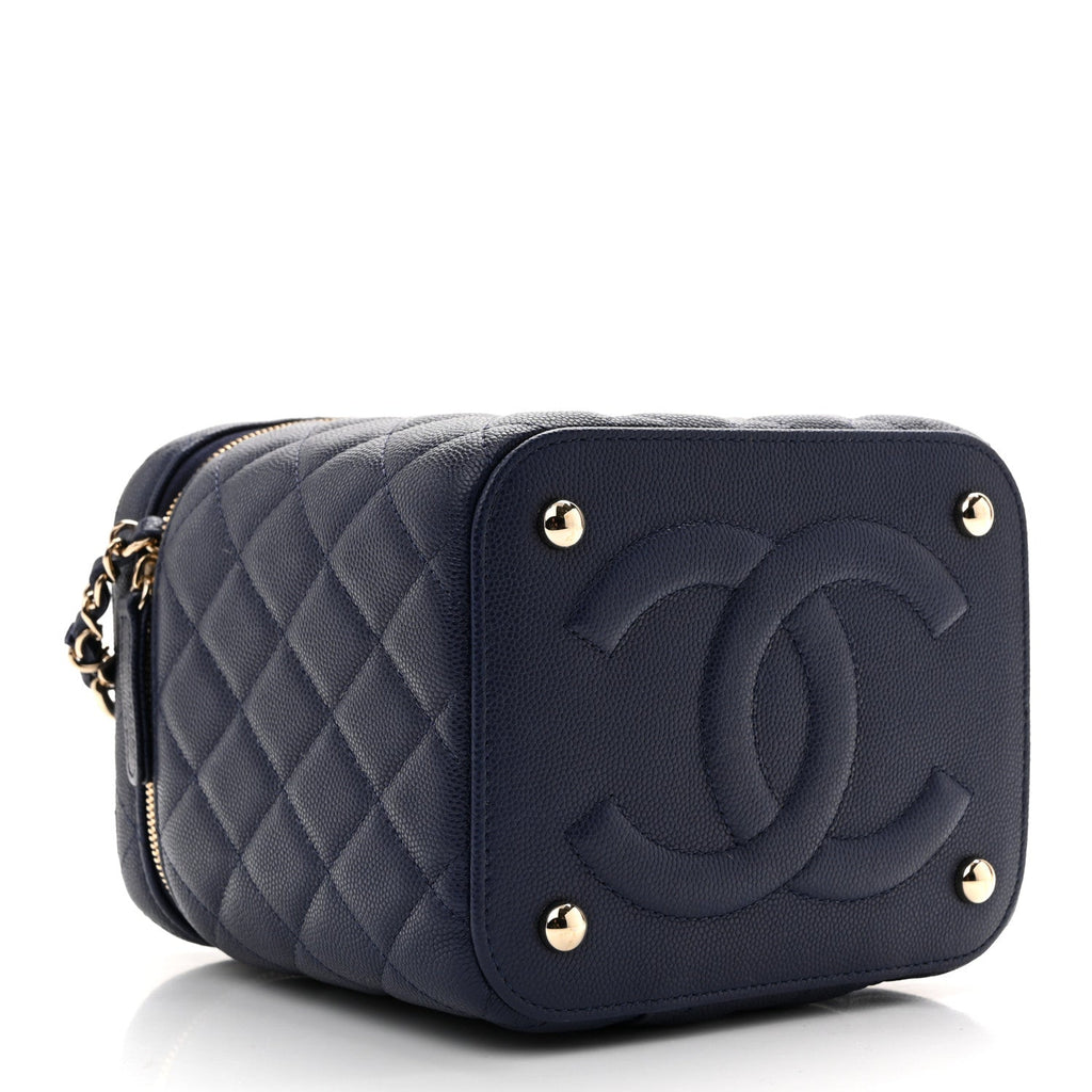 Caviar Quilted Small Top Handle Vanity Case With Chain Navy Blue