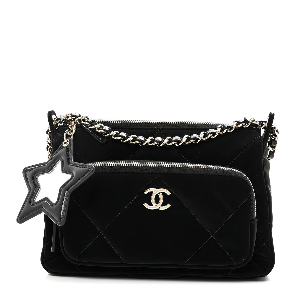 Velvet Effect Nylon Shiny Crumpled Calfskin Quilted Chanel 25 Clutch With Chain Black