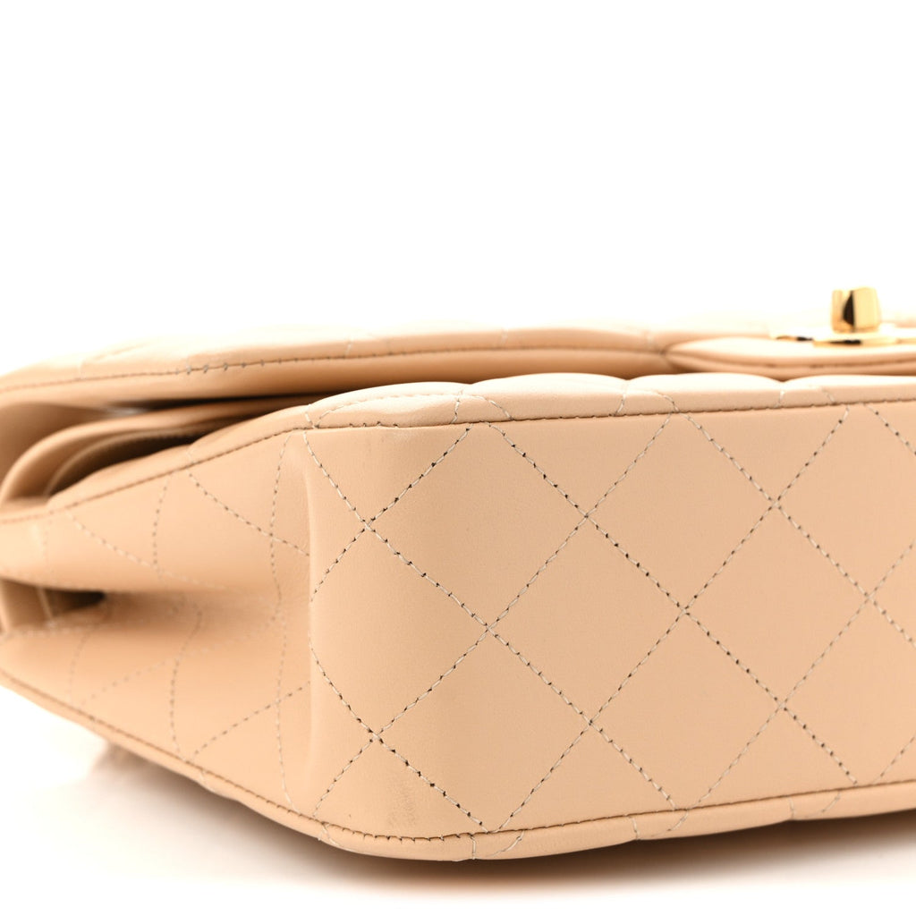 Lambskin Quilted Medium Double Flap Beige
