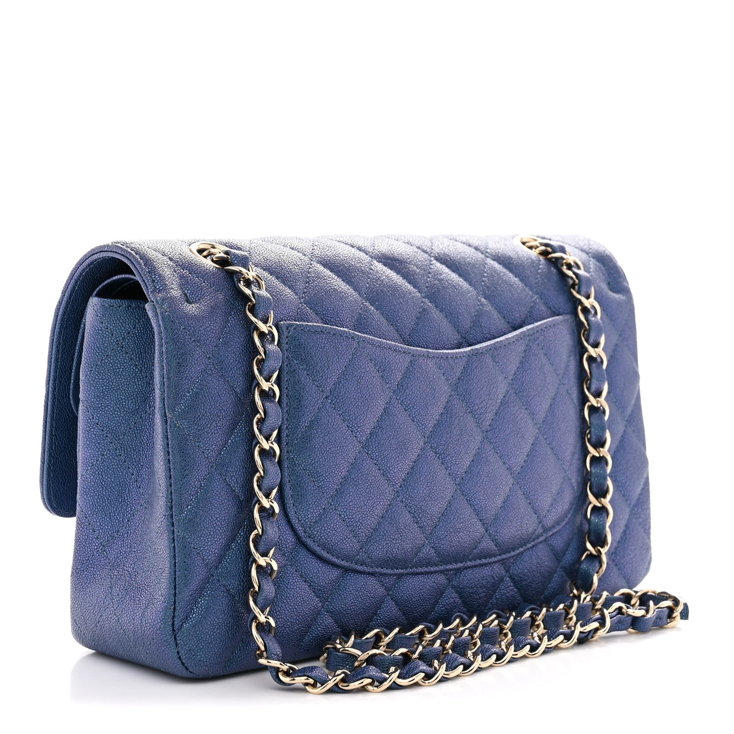 Iridescent Caviar Quilted Medium Double Flap Dark Blue