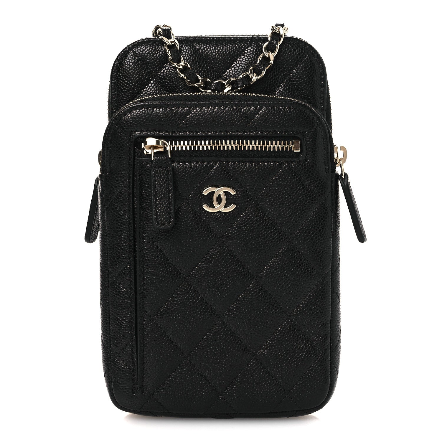 Caviar Quilted Phone Holder With Chain Black