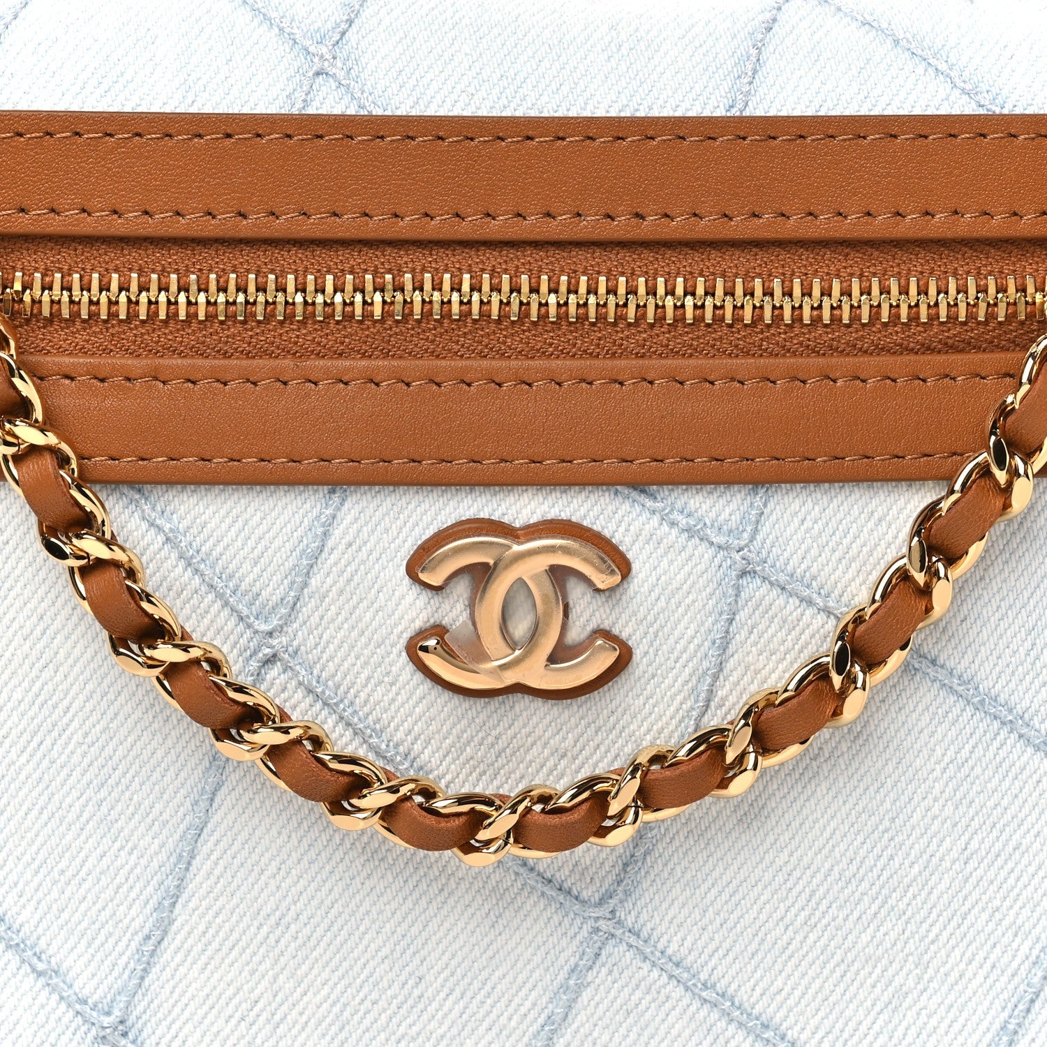 Washed Denim Calfskin Quilted Top Handle Slim Vanity Case With Chain Blue Brown Blue Brown