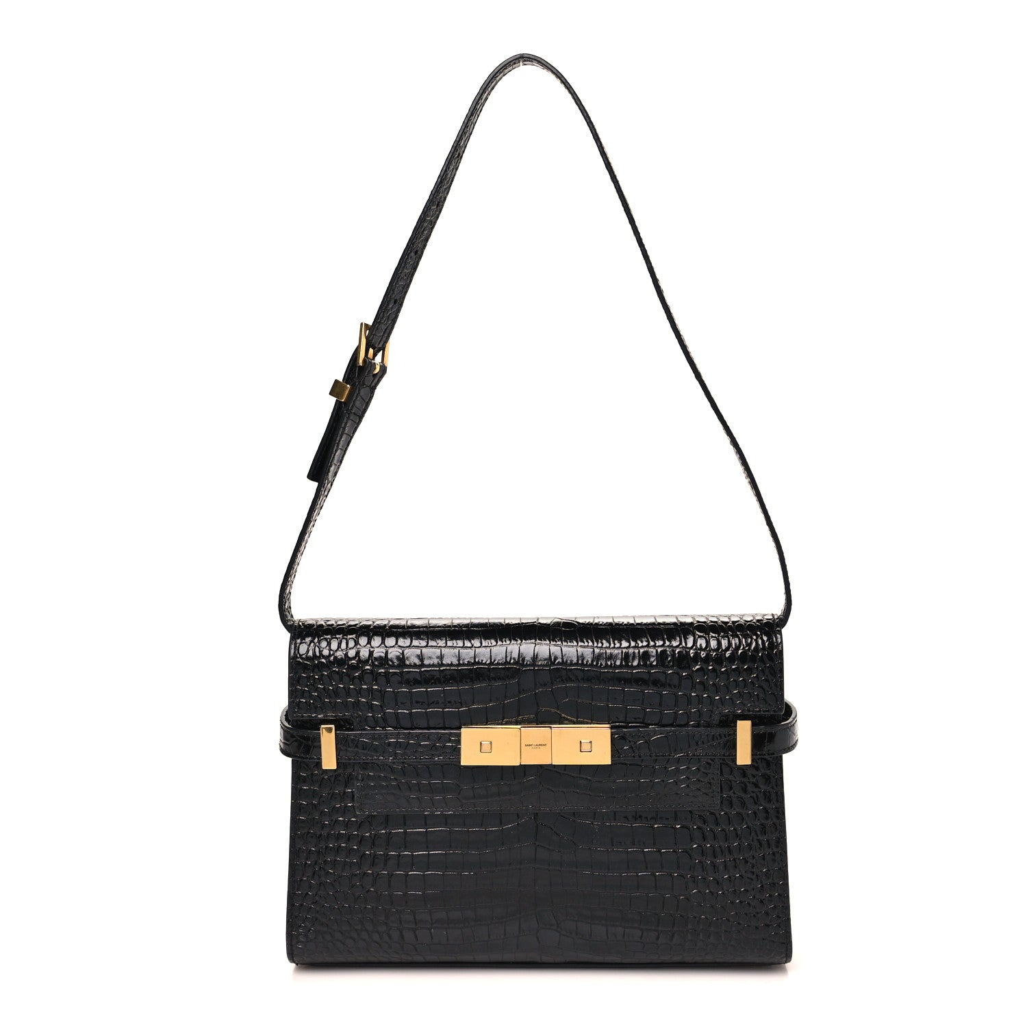 Shiny Calfskin Crocodile Embossed Small Manhattan Baguette Black