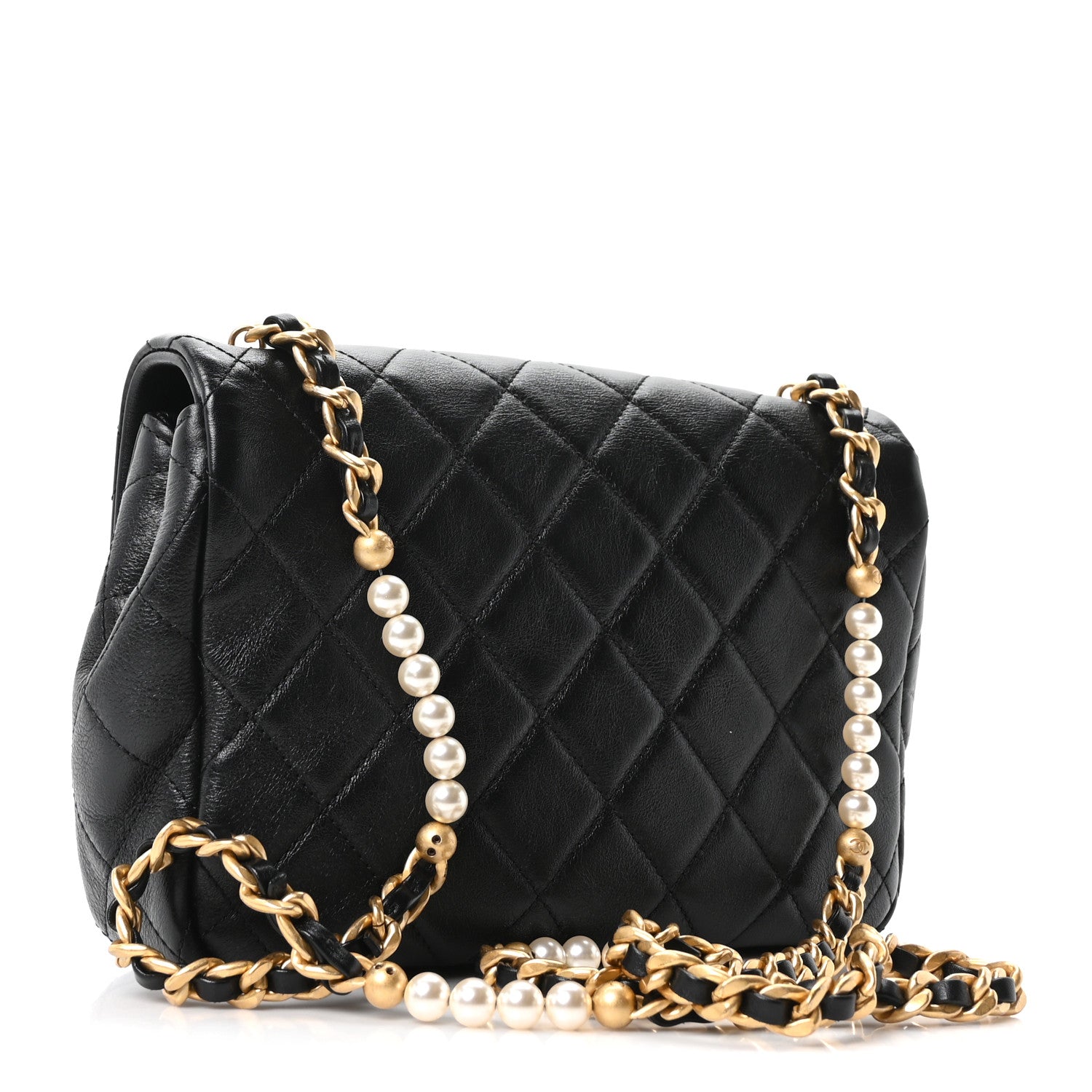 Glazed Calfskin Quilted Pearl Side Flap Black