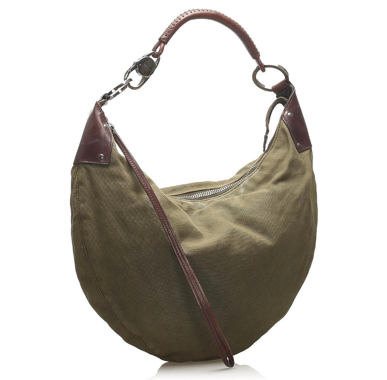 GUCCI Half Moon Canvas Shoulder Bag Khaki Green