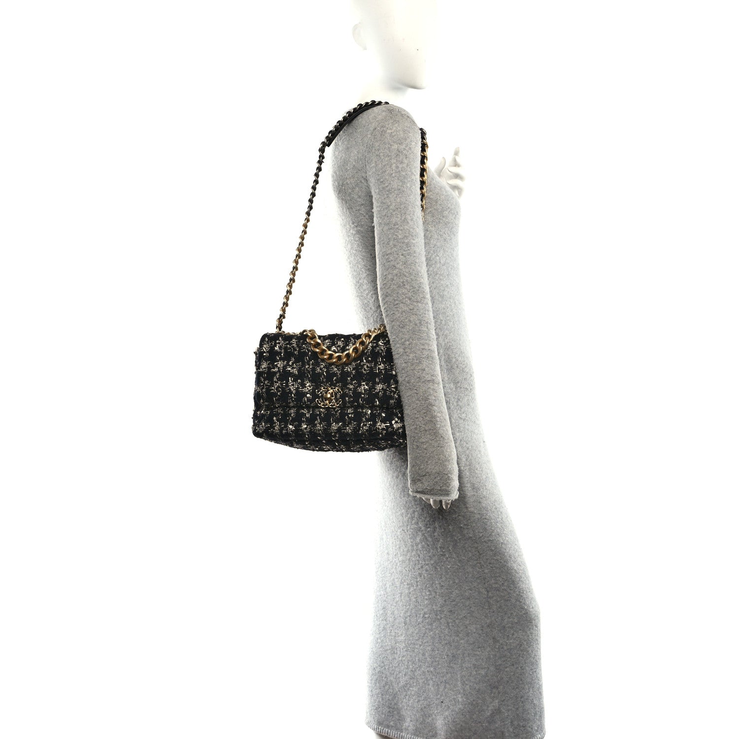 Tweed Quilted Large Chanel 19 Flap Black Silver Ecru