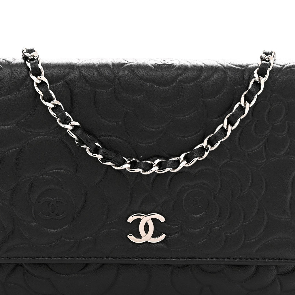 Lambskin Camellia Embossed Wallet On Chain WOC Black