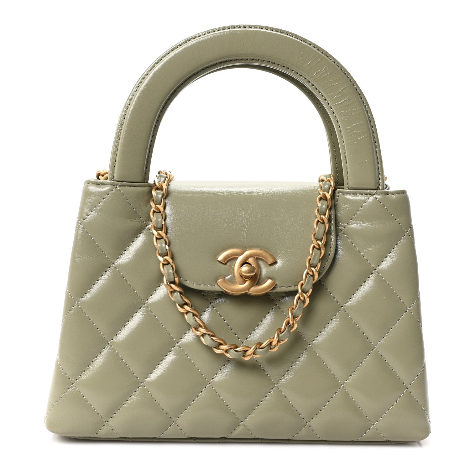 Shiny Aged Calfskin Quilted Nano Kelly Shopper Khaki
