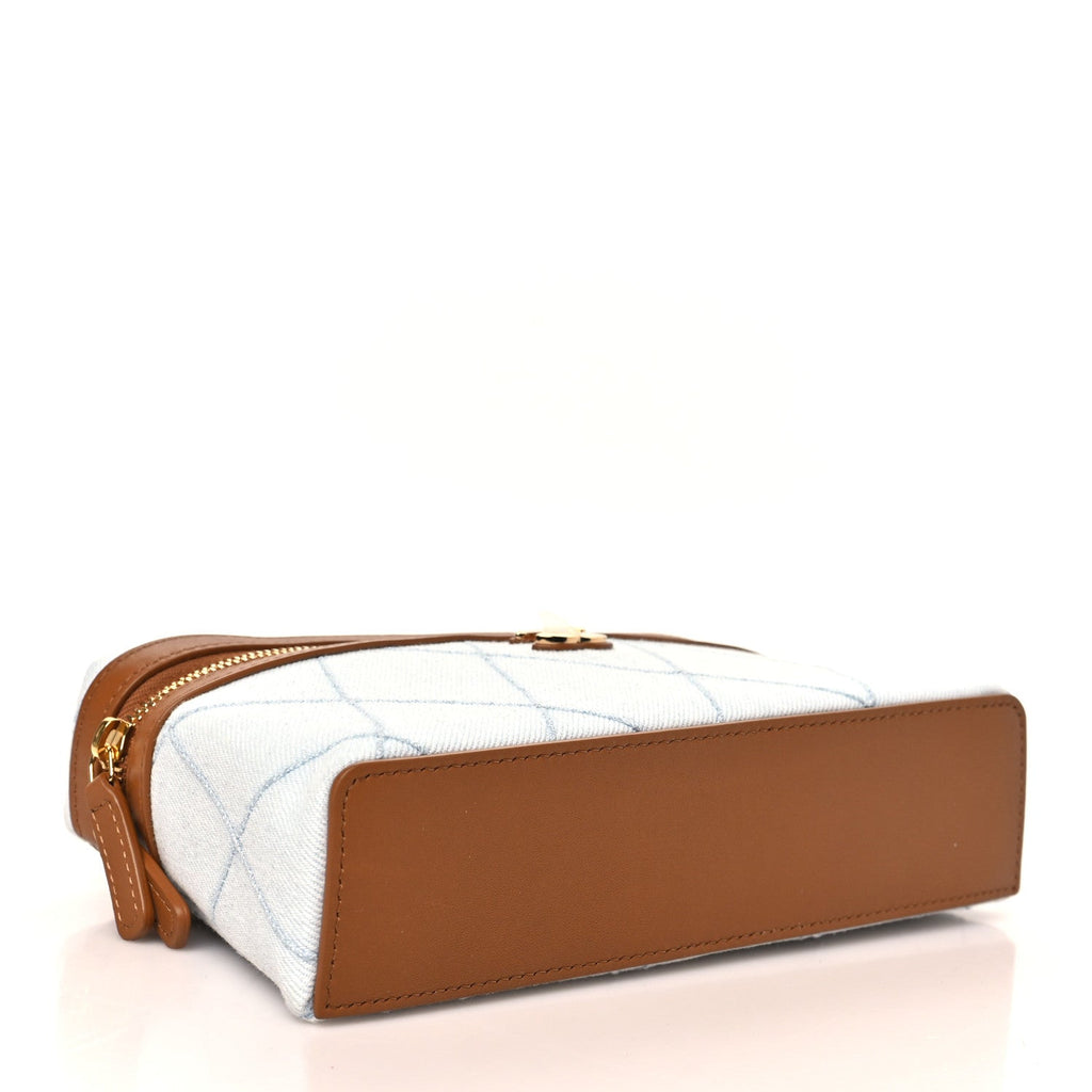 Washed Denim Calfskin Quilted Top Handle Slim Vanity Case With Chain Blue Brown Blue Brown