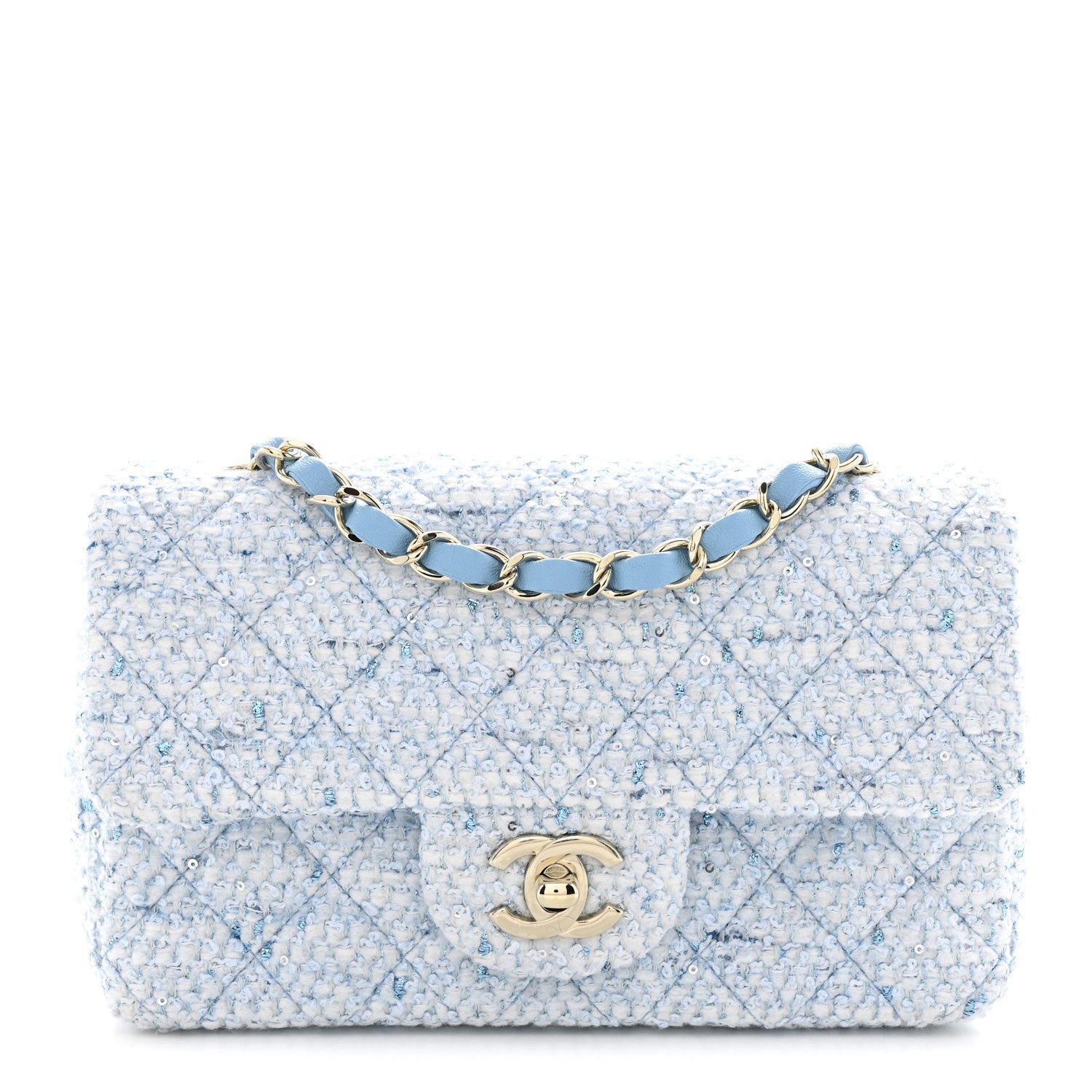 Tweed Quilted Mini Rectangular Flap Blue White Silver