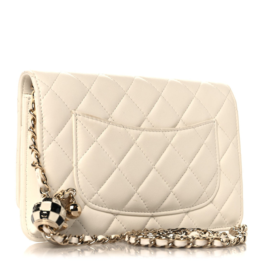 Lambskin Enamel Quilted Pearl Crush Wallet On Chain WOC White