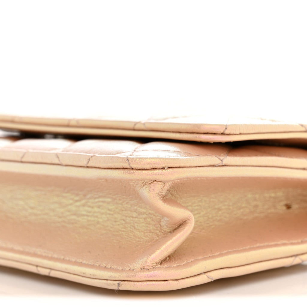 Iridescent Calfskin Quilted Wallet On Chain WOC Pink