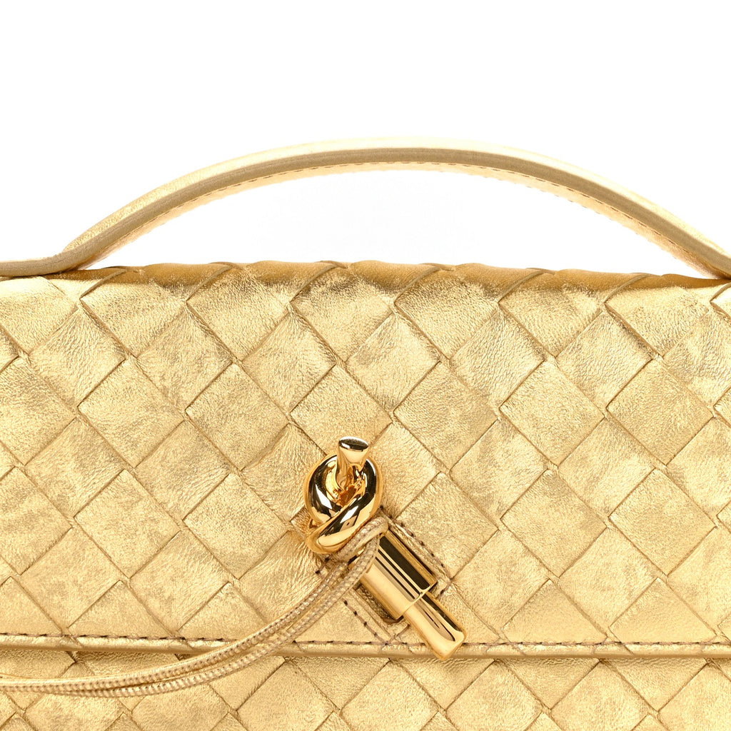 Metallic Satin Lambskin Intrecciato Long Andiamo Top Handle Clutch Gold