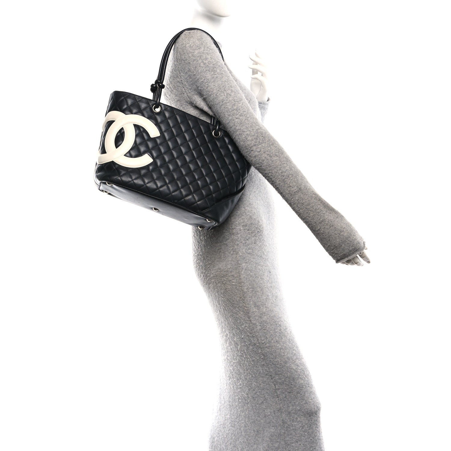 Calfskin Quilted Large Cambon Tote Black White