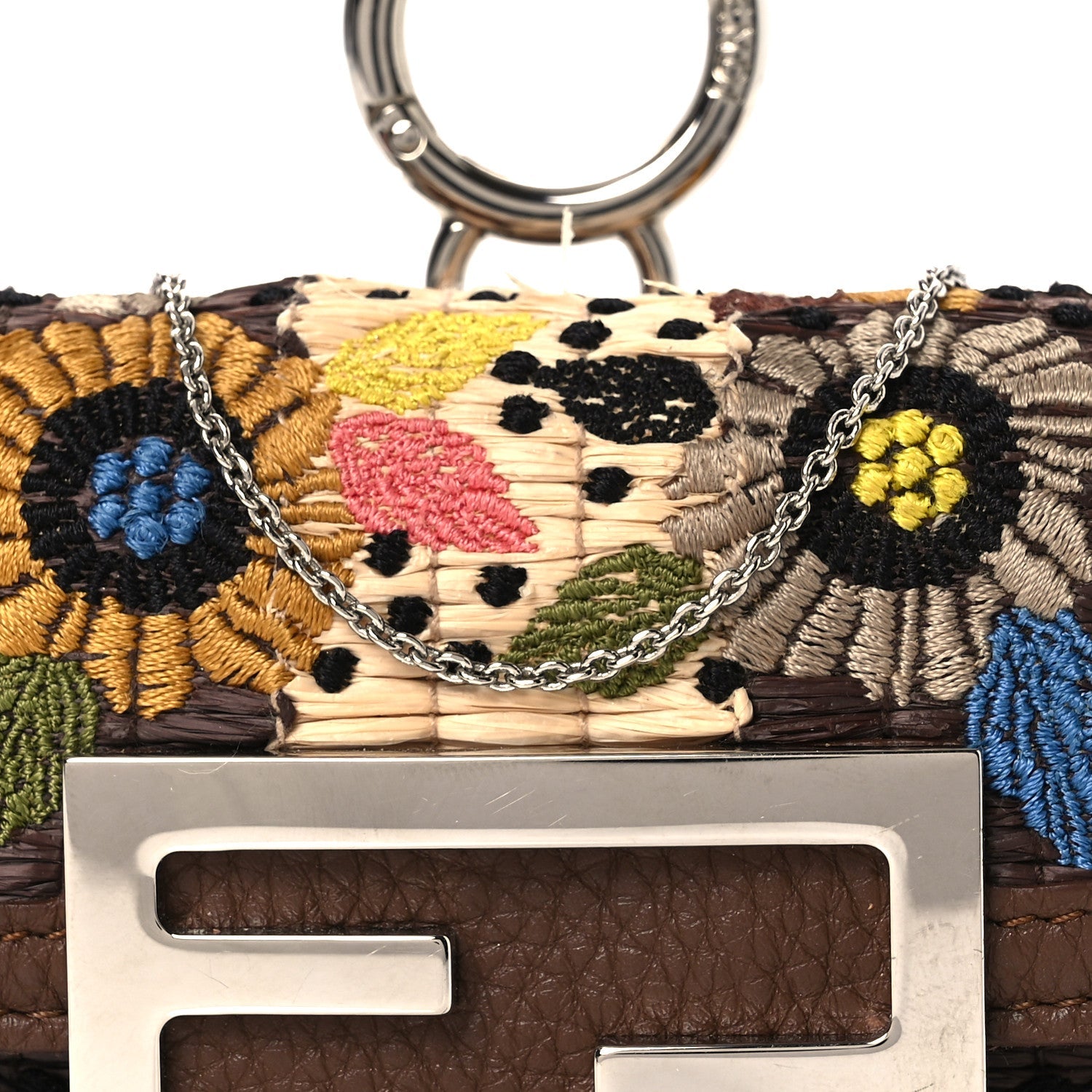 Woven Fabric Calfskin Embroidered Nano Maxi Buckle Baguette Charm Natural Gianduia