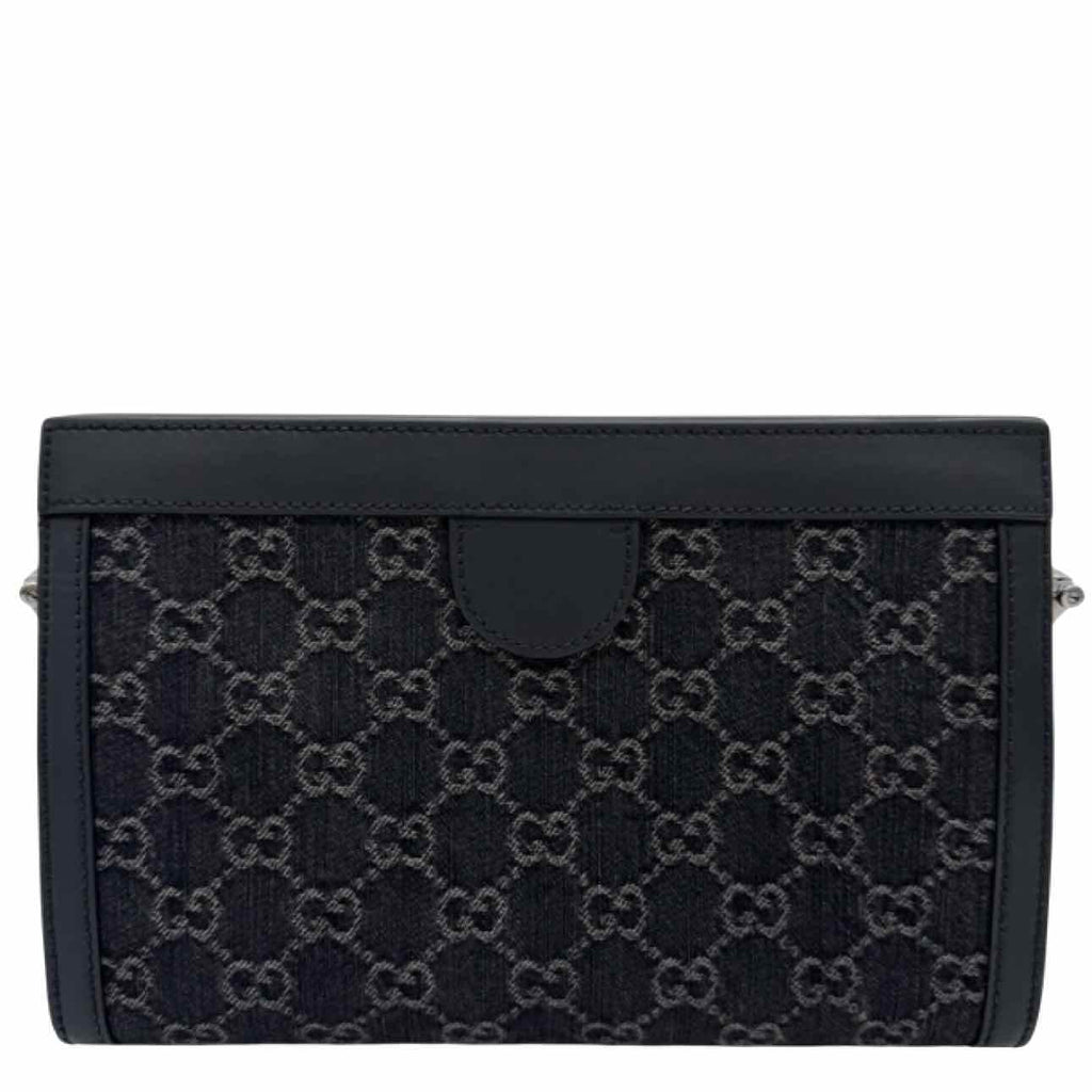 GUCCI Monogram Jacquard Denim Chain Shoulder Bag Black