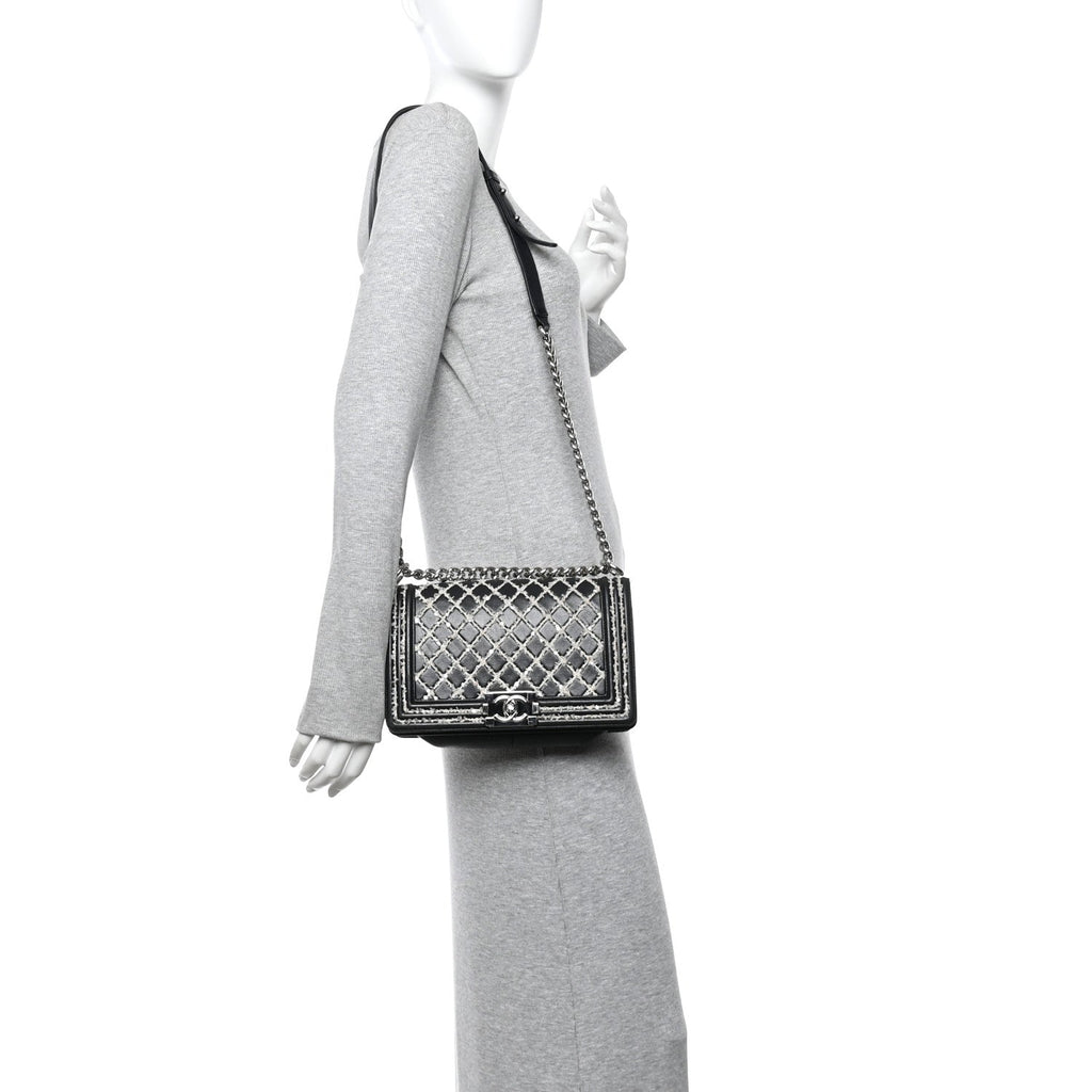 Calfskin Tweed Sequin Stitched Medium Boy Flap Black White