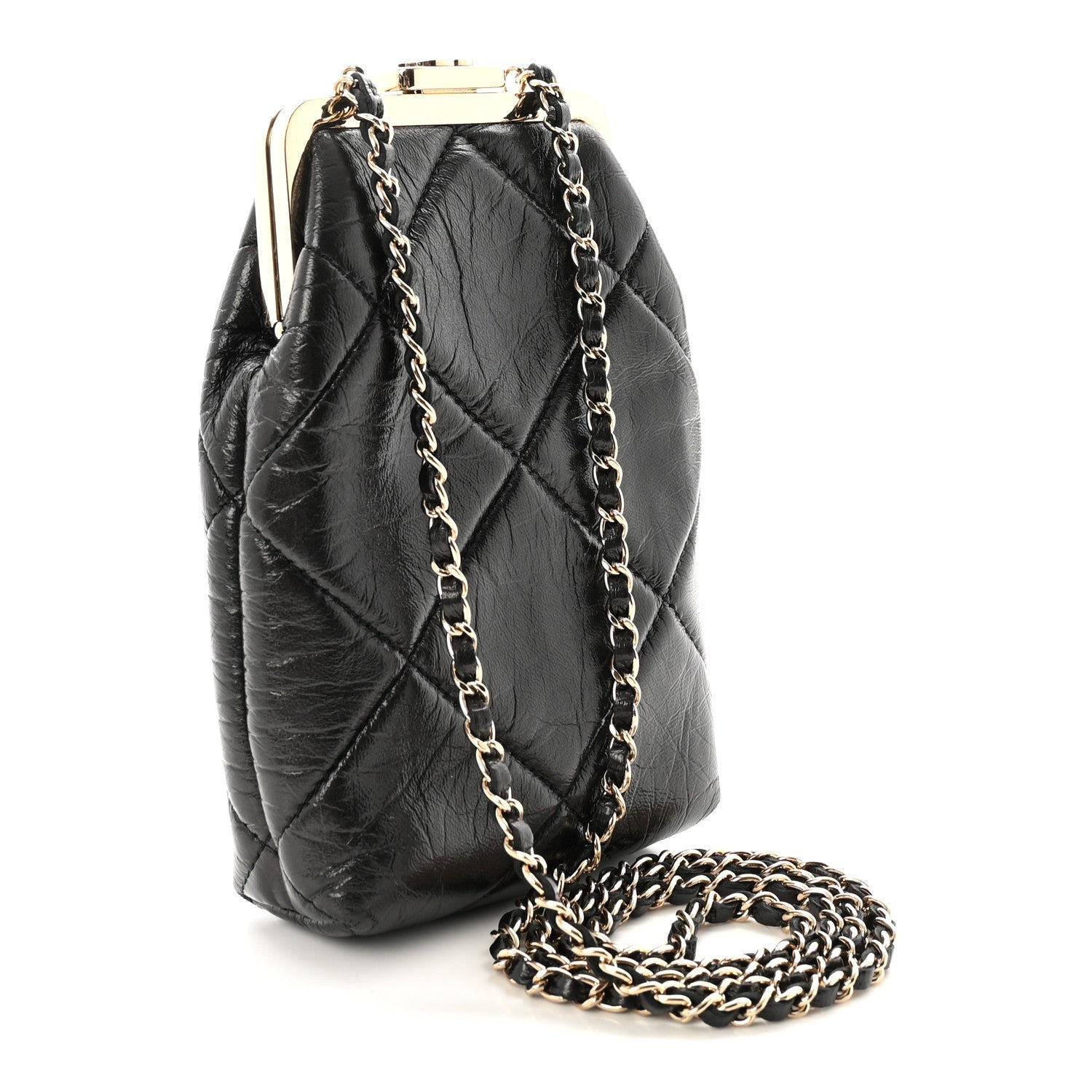 Shiny Aged Lambskin Quilted Kiss Lock Clutch With Chain Black
