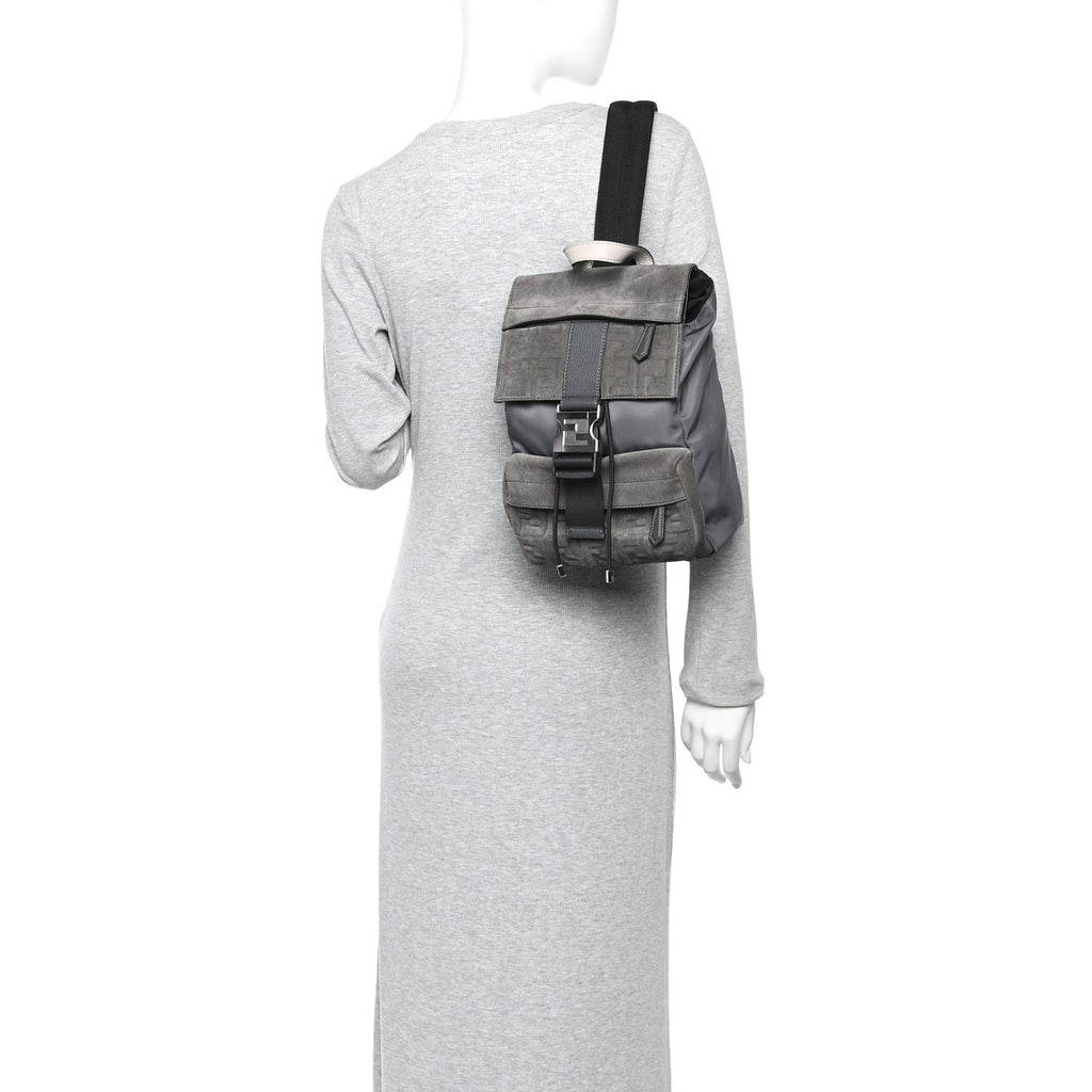Suede Nylon Santander Cuoio Romano Bi-Color FF Embossed Small Fendiness Backpack Piombo Fango Grigio Polvere Asphalto