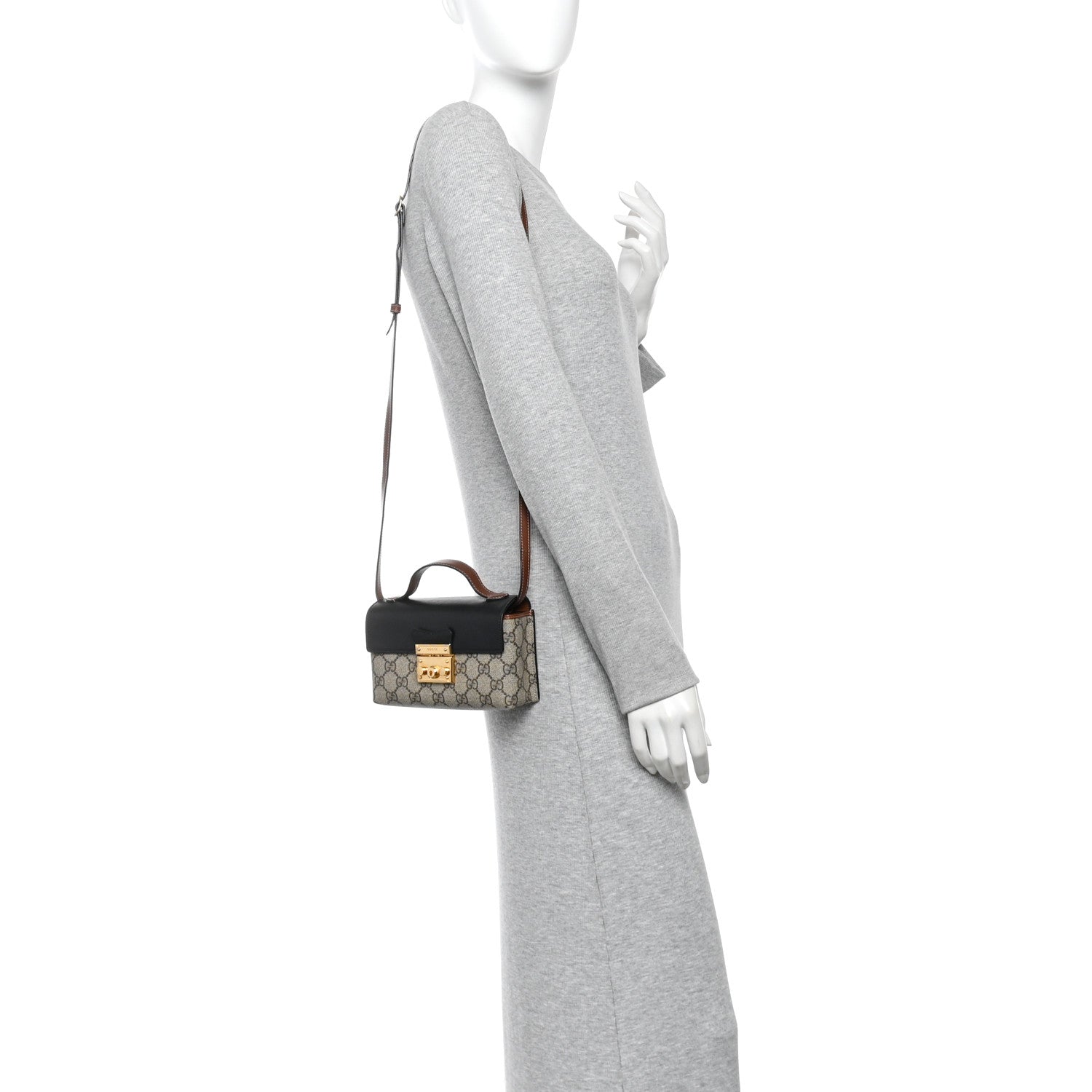 GG Supreme Monogram Calfskin Mini Padlock Top Handle Shoulder Bag Beige Black Cuir