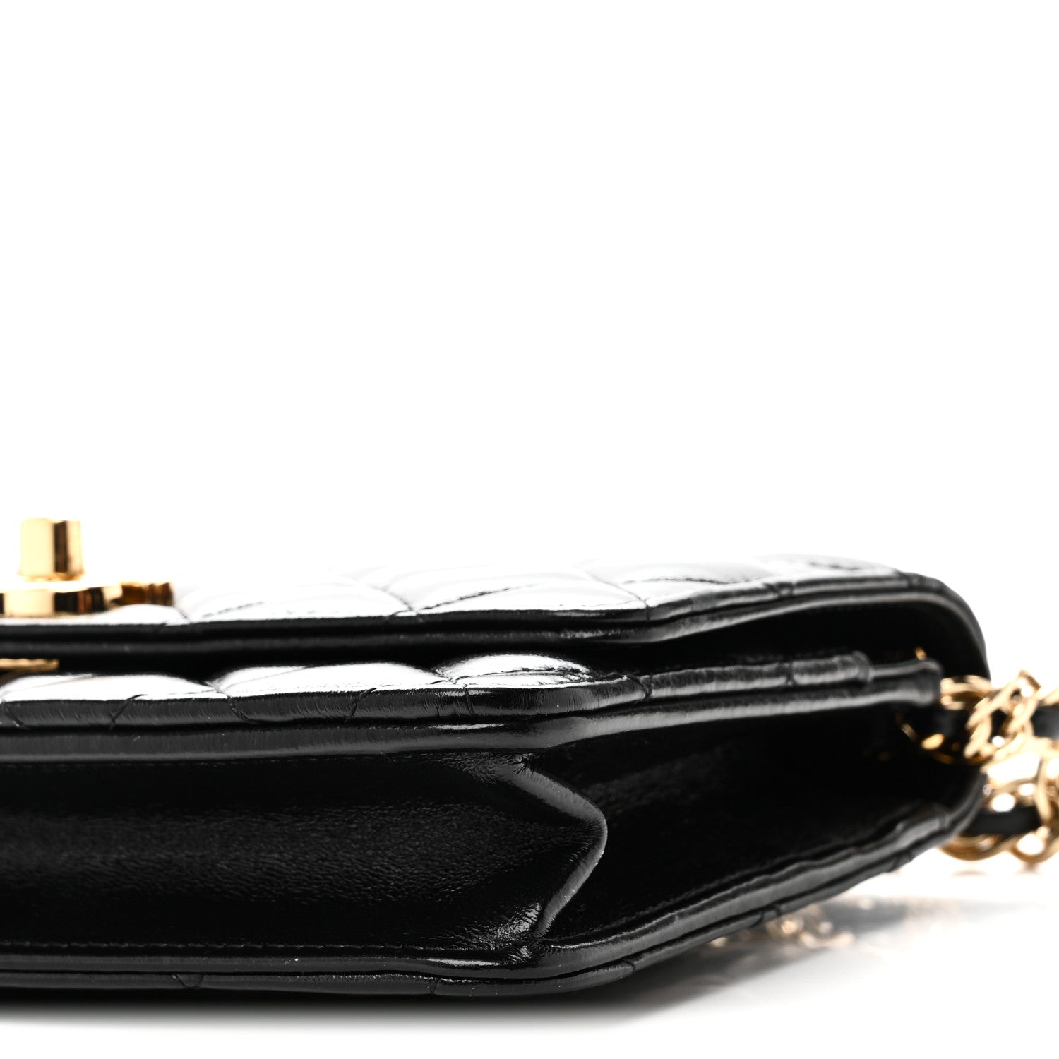 Shiny Lambskin Quilted Golden Links Wallet On Chain WOC Black