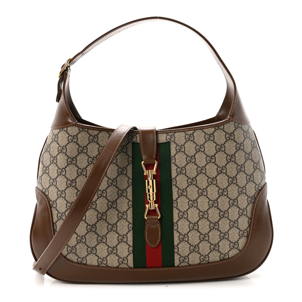 GG Supreme Monogram Azalea Calfskin Web Medium Jackie 1961 Hobo Beige Ebony Brown Sugar