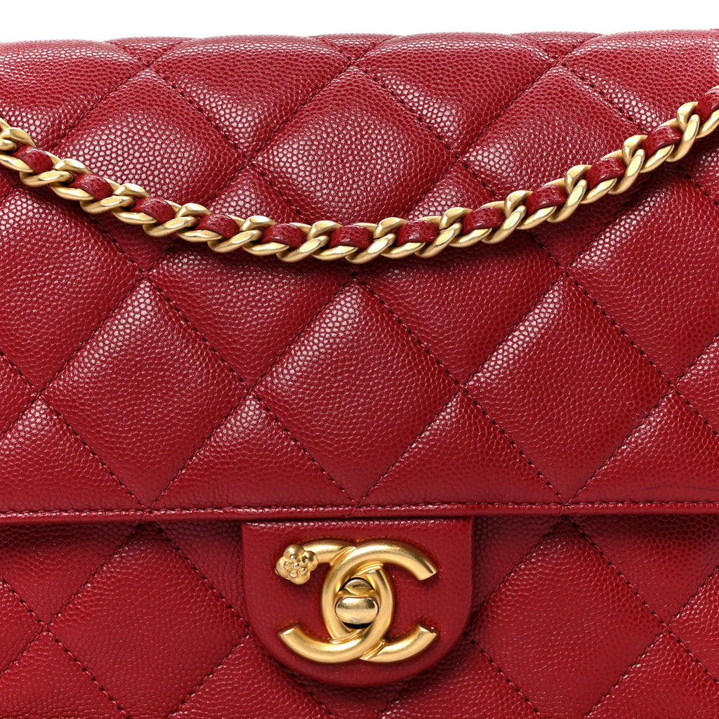 Caviar Quilted Camellia Chain Around Flap Red