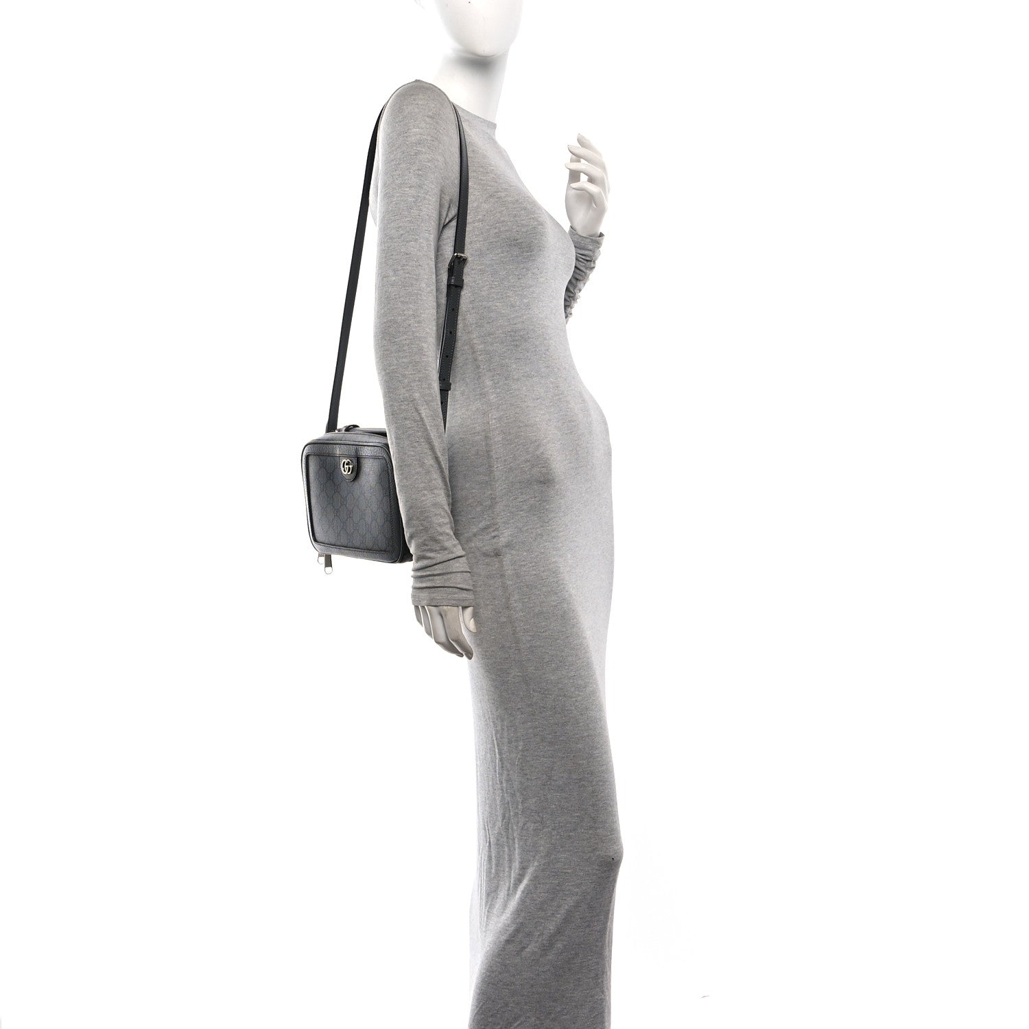 GG Supreme Monogram Textured Dollar Calfskin Small Ophidia Top Handle Shoulder Bag  Grey Black Graphite Grey