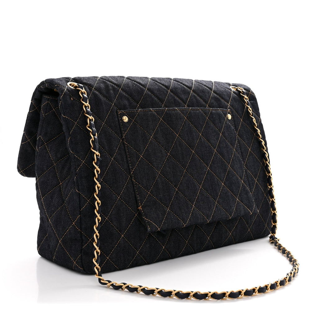 Denim Quilted XXL Travel Flap Bag Dark Blue Orange