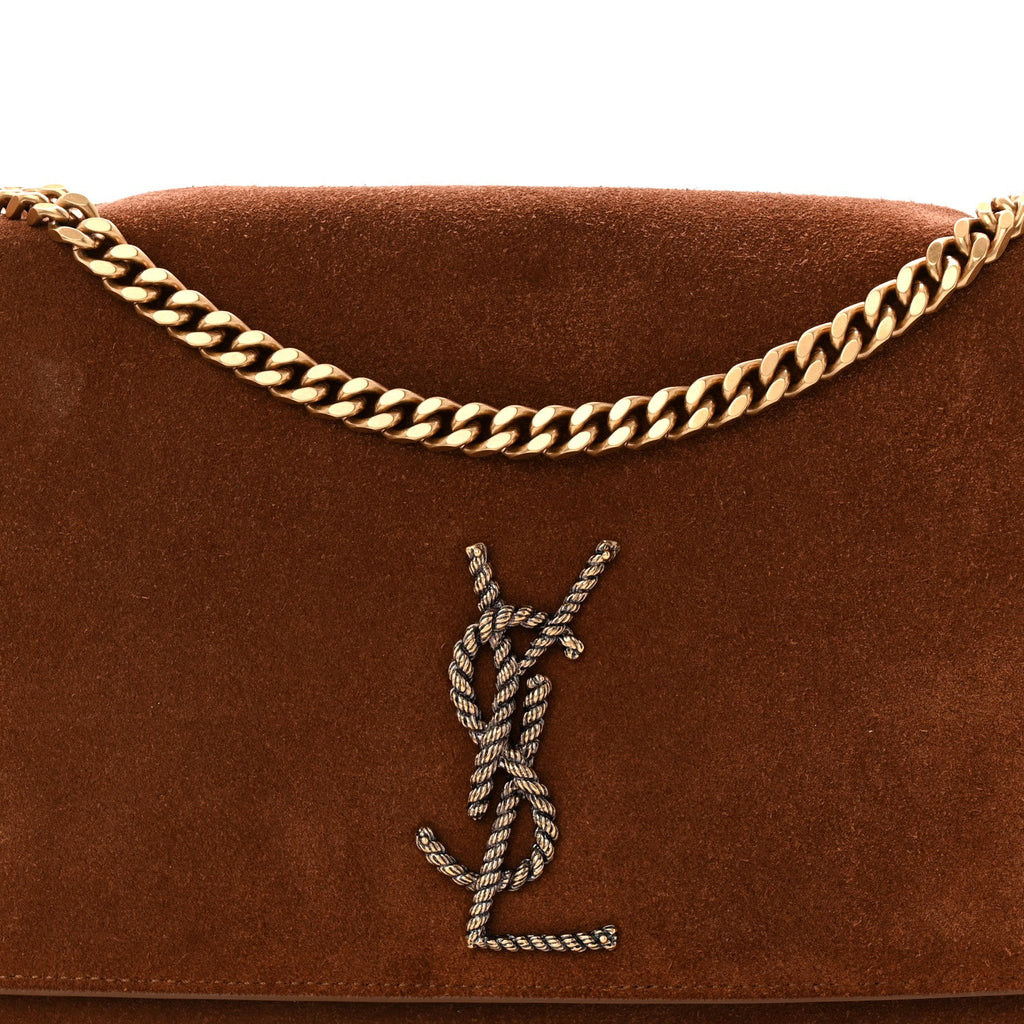 Suede Braided Monogram Large Kate Satchel Brown