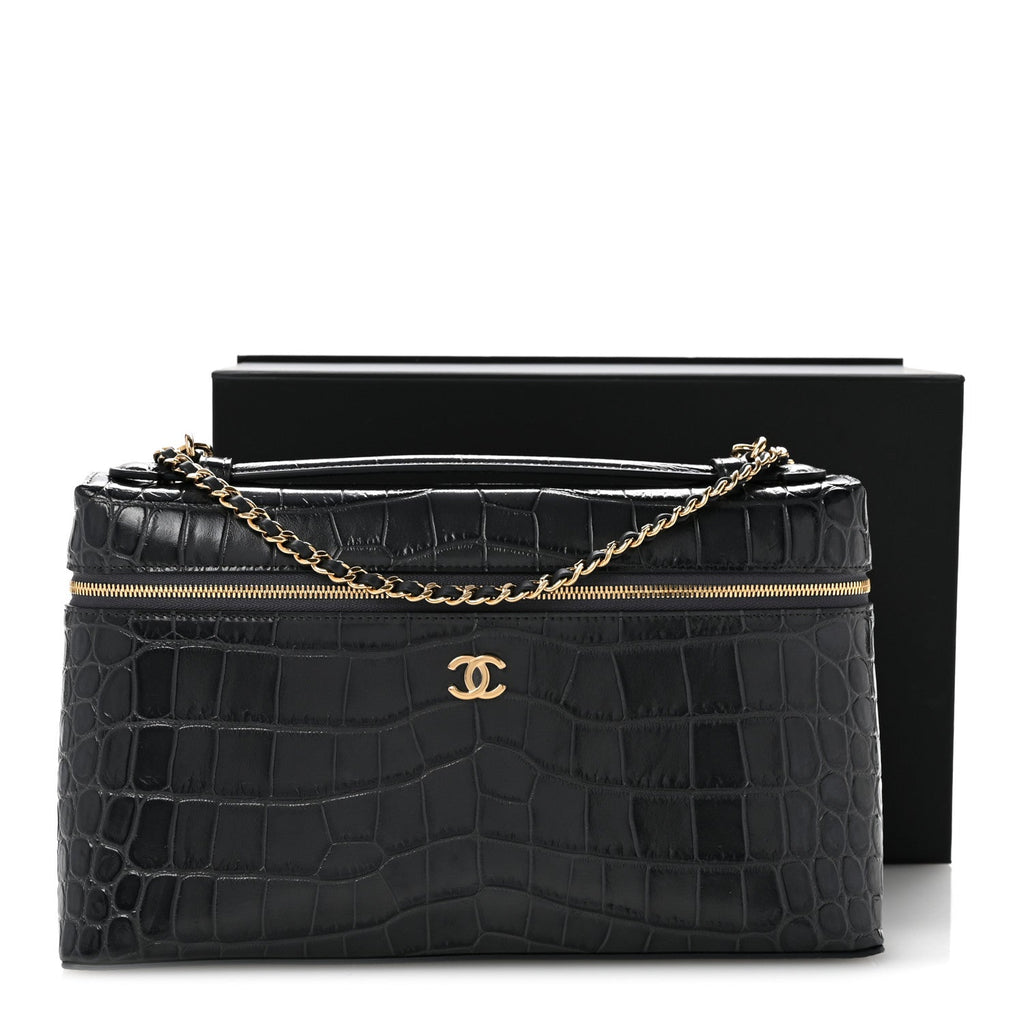 Calfskin Crocodile Embossed Top Handle Vanity Case With Chain Blurgundy Grey