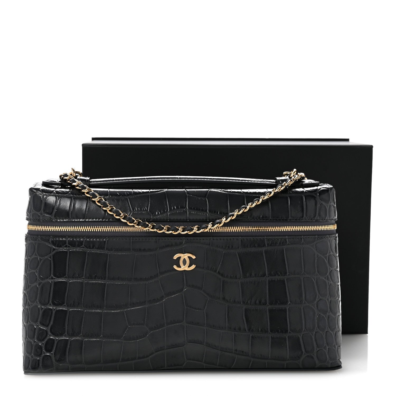 Calfskin Crocodile Embossed Top Handle Vanity Case With Chain Blurgundy Grey
