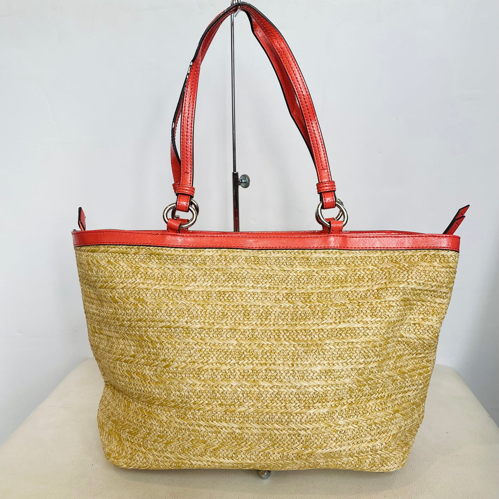 COACH Straw Floral Embellished Zip Top Tote Bag Coral Pink Patent Leather Trim Shoulder Bag