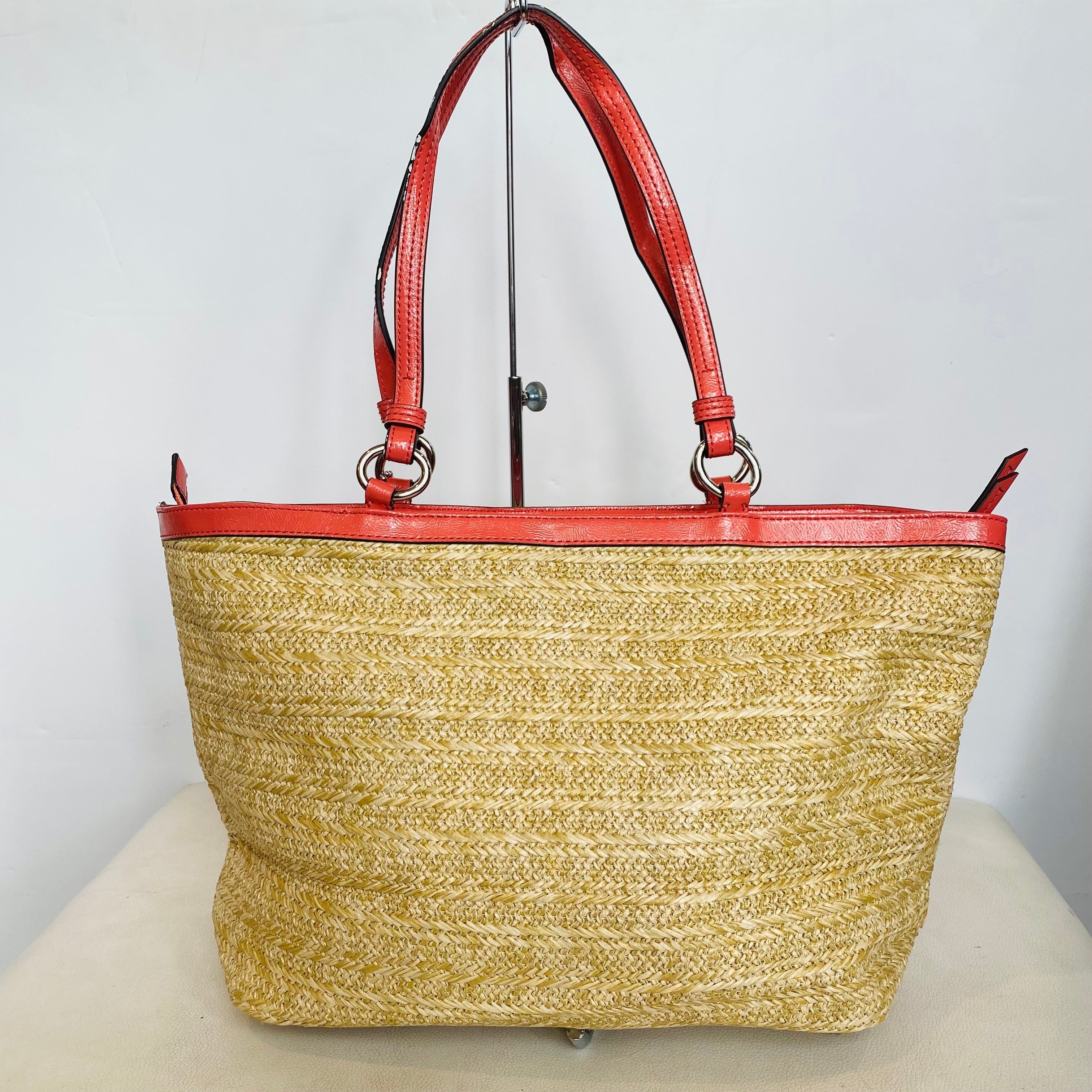 COACH Straw Floral Embellished Zip Top Tote Bag Coral Pink Patent Leather Trim Shoulder Bag