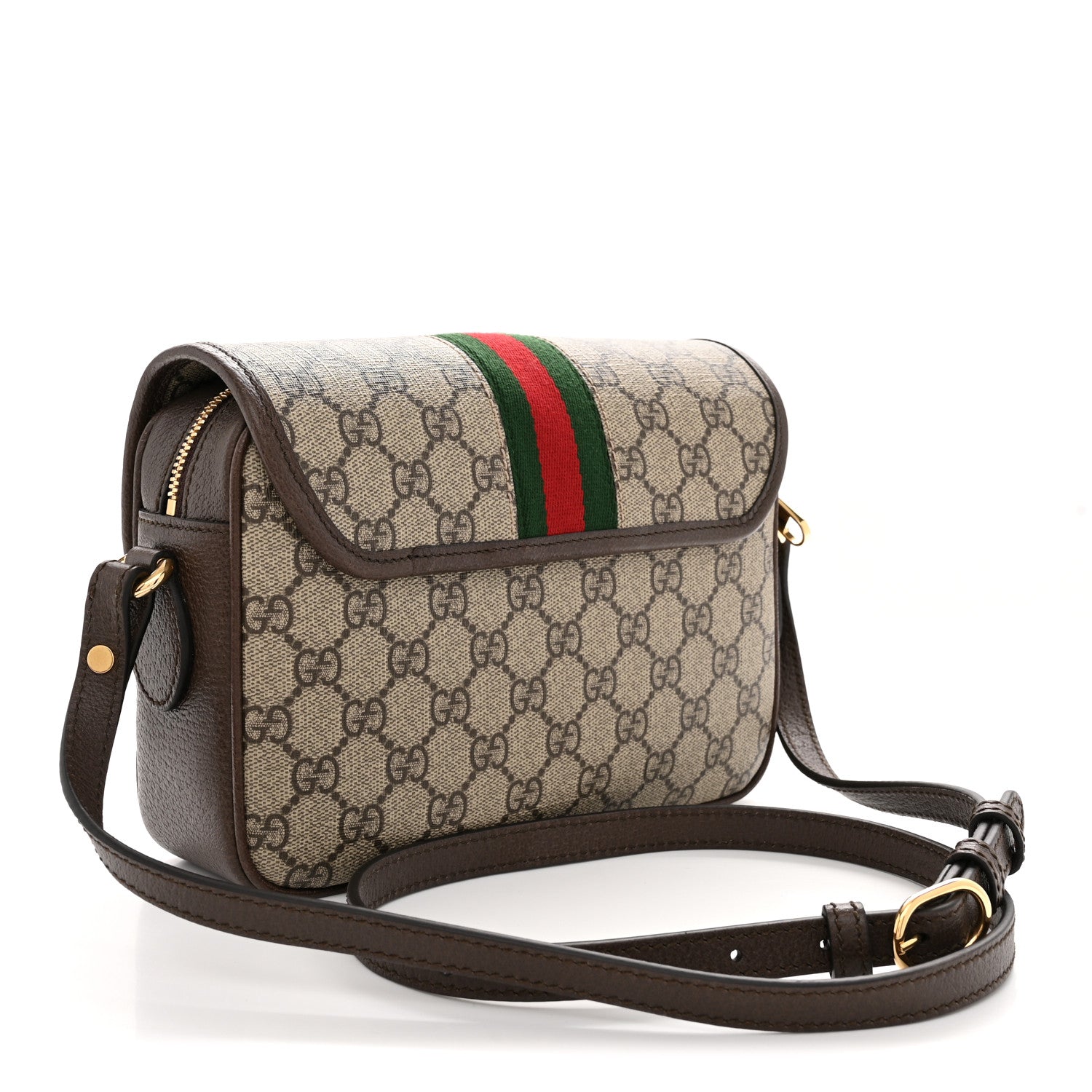 GG Supreme Monogram Textured Dollar Calfskin Web Studded Mini Ophidia Flap Shoulder Bag Beige Ebony New Acero