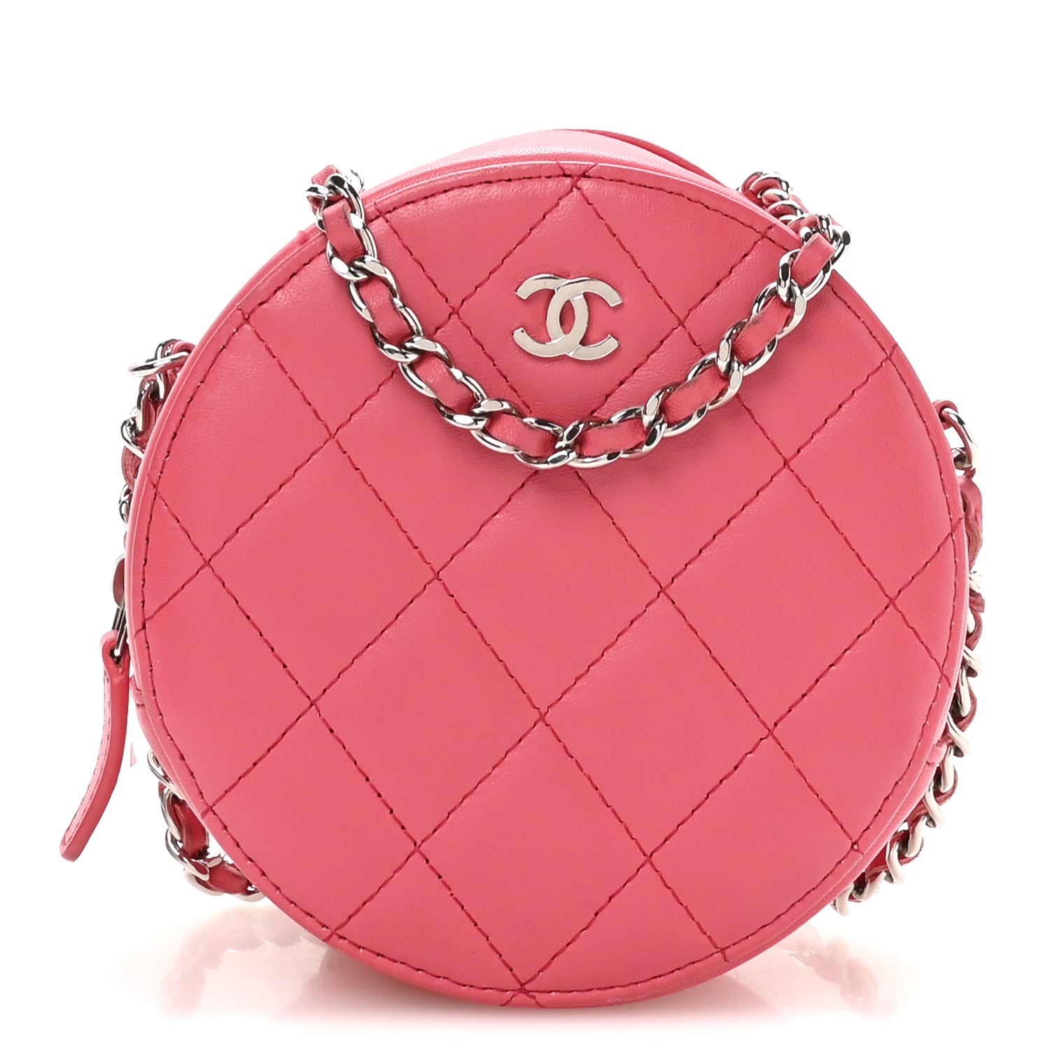 Lambskin Quilted Round Clutch With Chain Pink