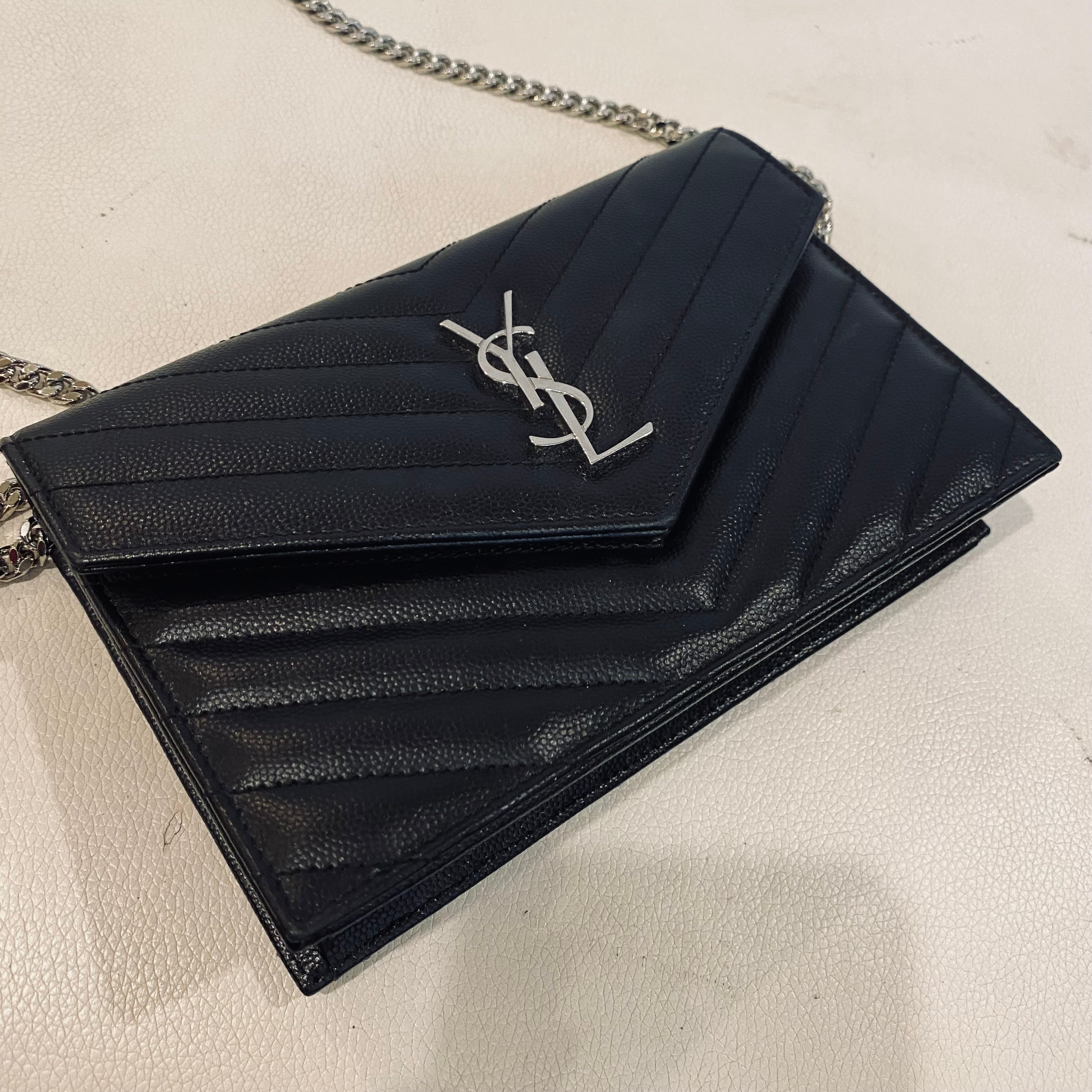 YSL Saint Laurent Monogramme Calfskin Leather Wallet on a Chain Handbag Black NWB