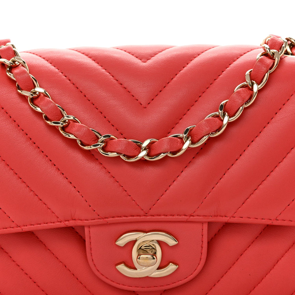 Lambskin Chevron Quilted Mini Rectangular Flap Coral