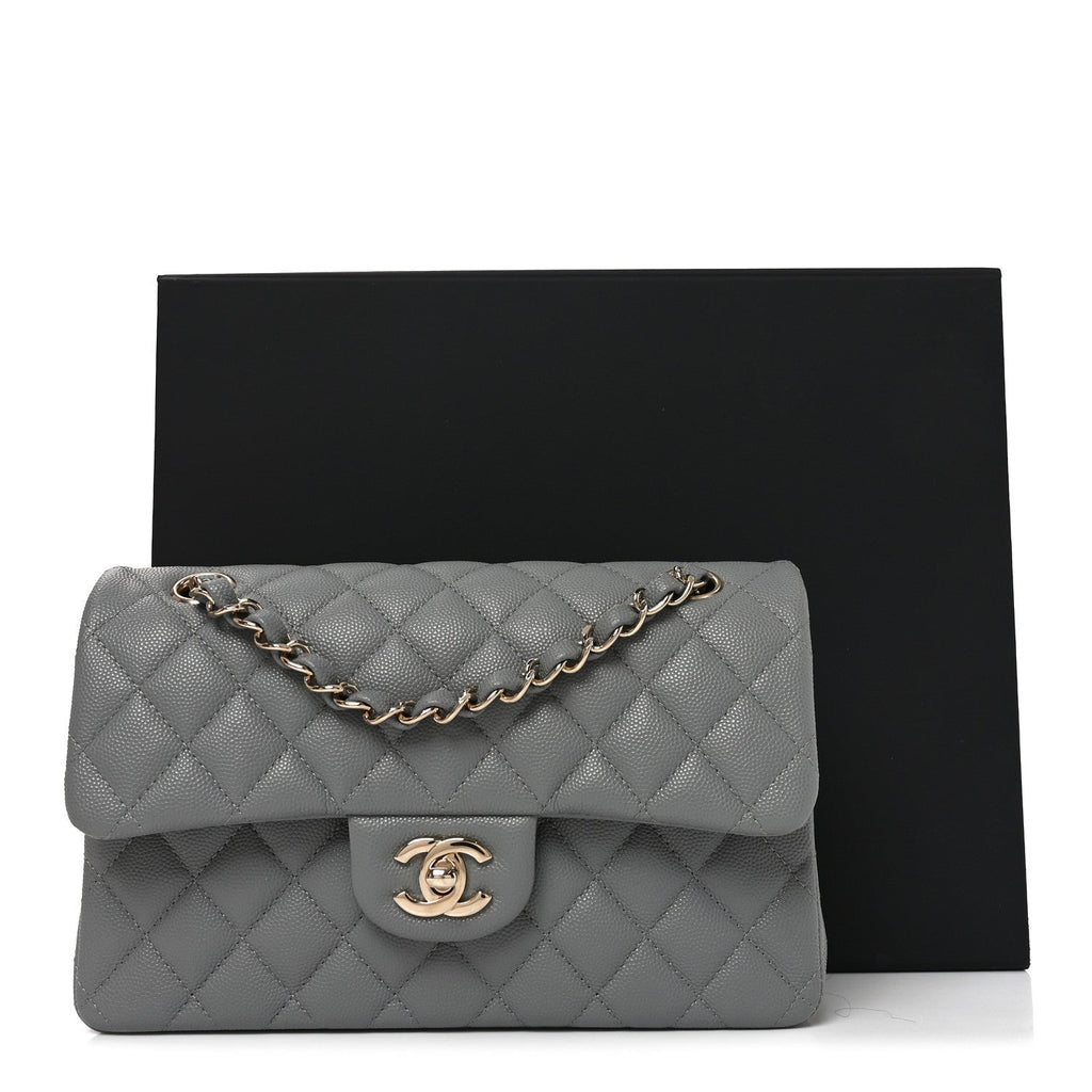 Caviar Quilted Small Double Flap Grey