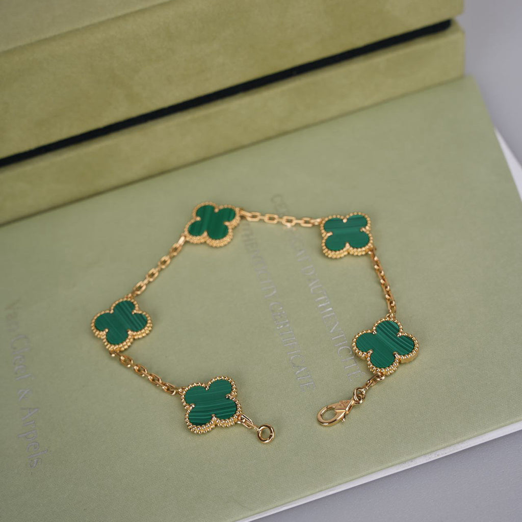 Van Cleef & Arpels 18k Yellow Gold Malachite 5 Motifs Vintage Alhambra Bracelet 2019