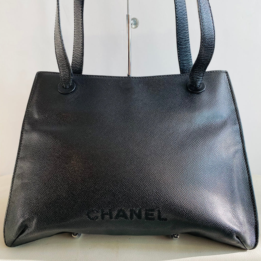 CHANEL Logo Caviar Black Leather Tote Shoulder Bag