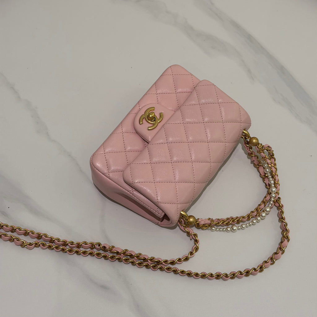 Chanel CF Mini Pink Lambskin Pearl Chain Bag
