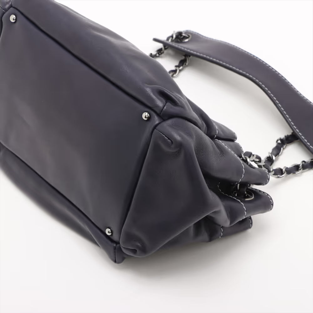 Chanel Logo Lambskin Chain Shoulder Bag Navy Blue