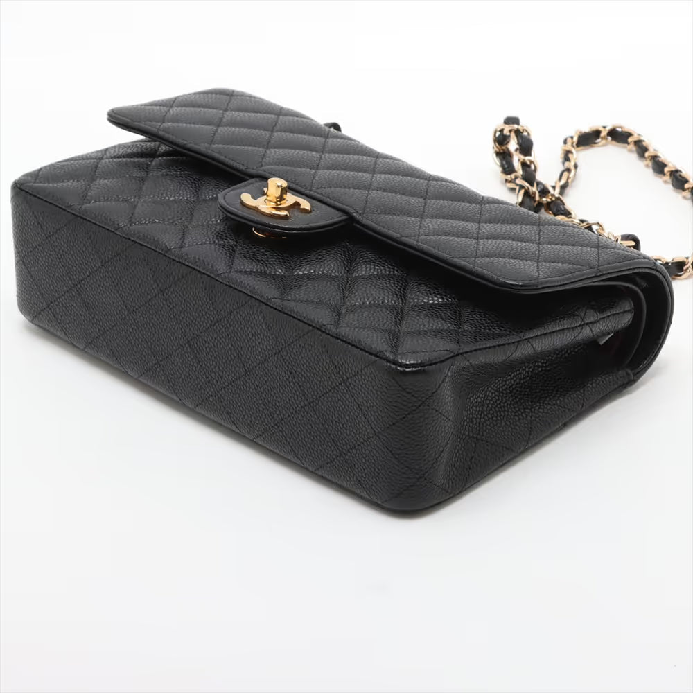 Chanel CC Logo Matelasse 25 Caviar Skin Double Flap Double Chain Bag Black