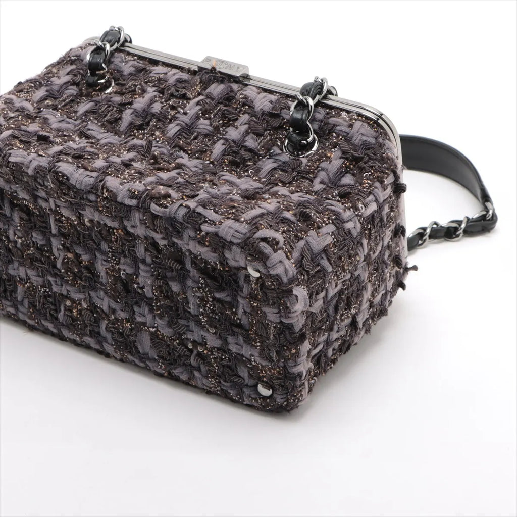 Chanel Paris New York Line Tweed Vanity Chain Handbag Gray X Black