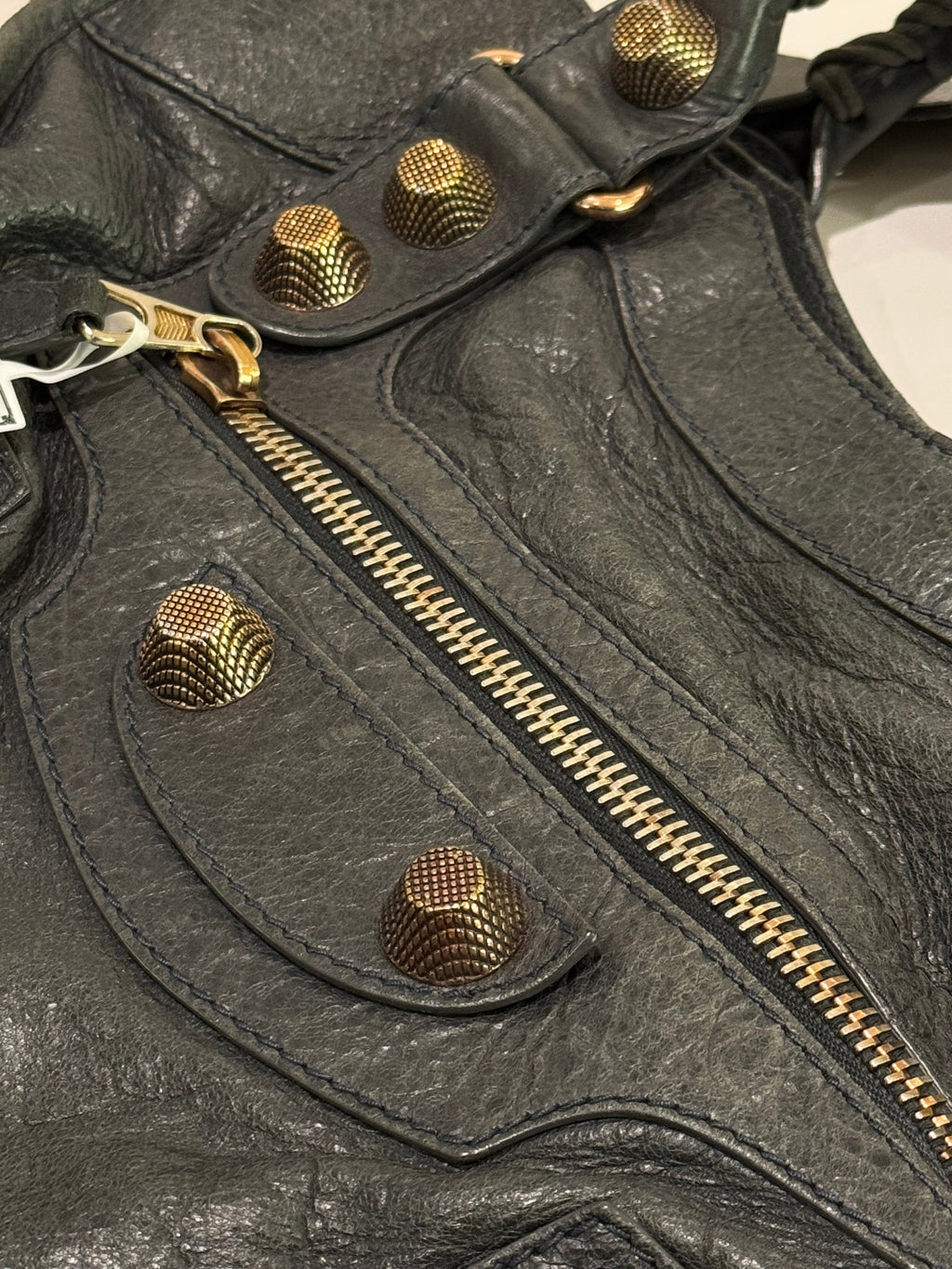BALENCIAGA CITY BAG SMOKY GREY STUDDED MOTORCYCLE BAG