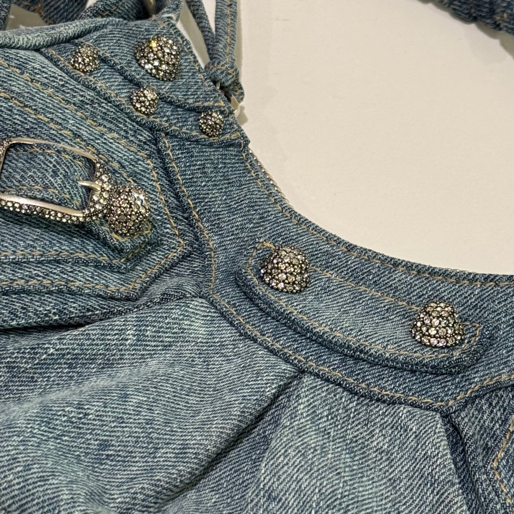 BALENCIAGA LE CAGOLE XS DENIM RHINESTONE MOON BAG