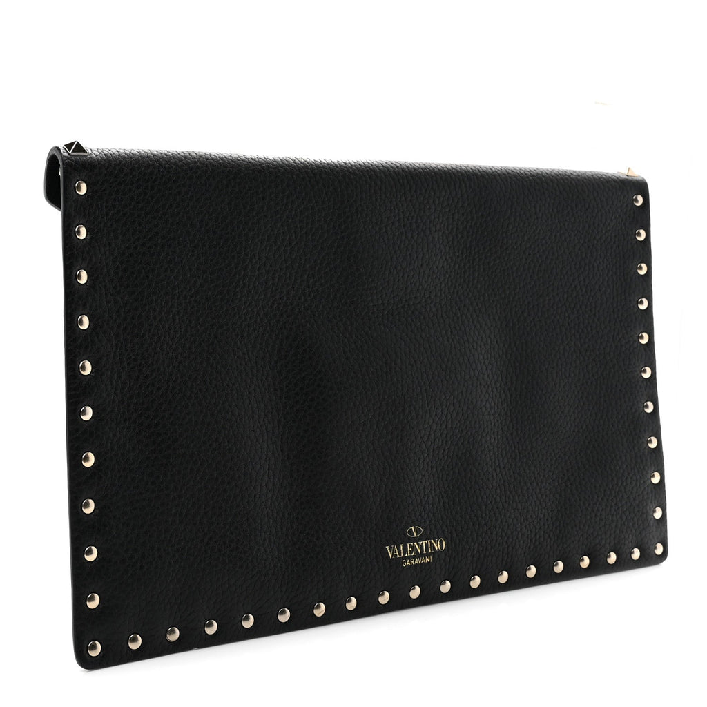 Pebbled Calfskin Large Rockstud Envelope Clutch Black