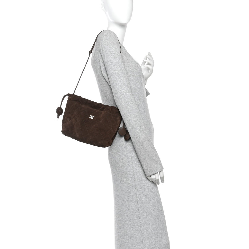 Suede Calfskin Quilted Clutch With Strap Dark Brown