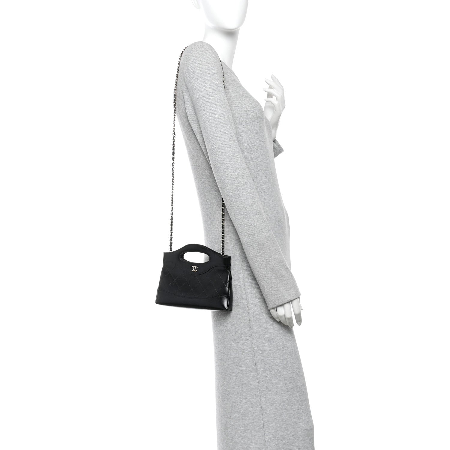 Shiny Crumpled Calfskin Quilted Nano 31 Shopping Bag Black